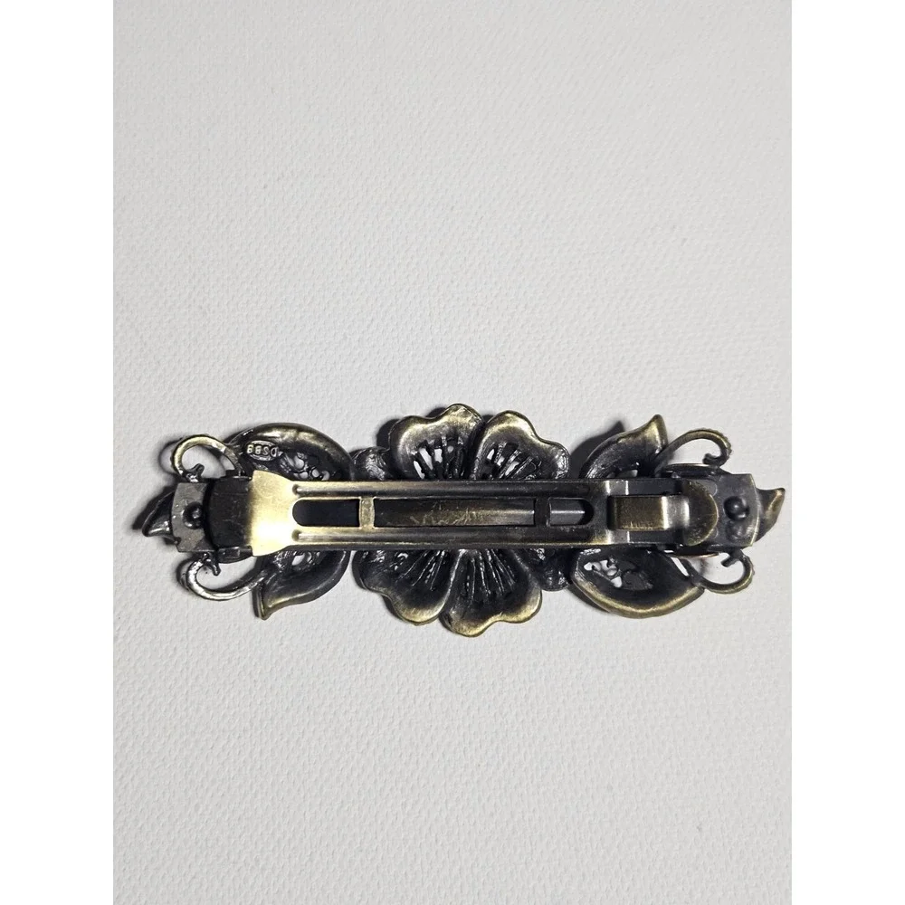 Vintage Antiqued Brass Floral Hair Barrette Clip Multicolor Rhinestone Flower